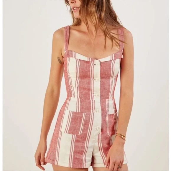 Reformation Linen Stripe Coconut Romper 10 EUC - Picture 1 of 9